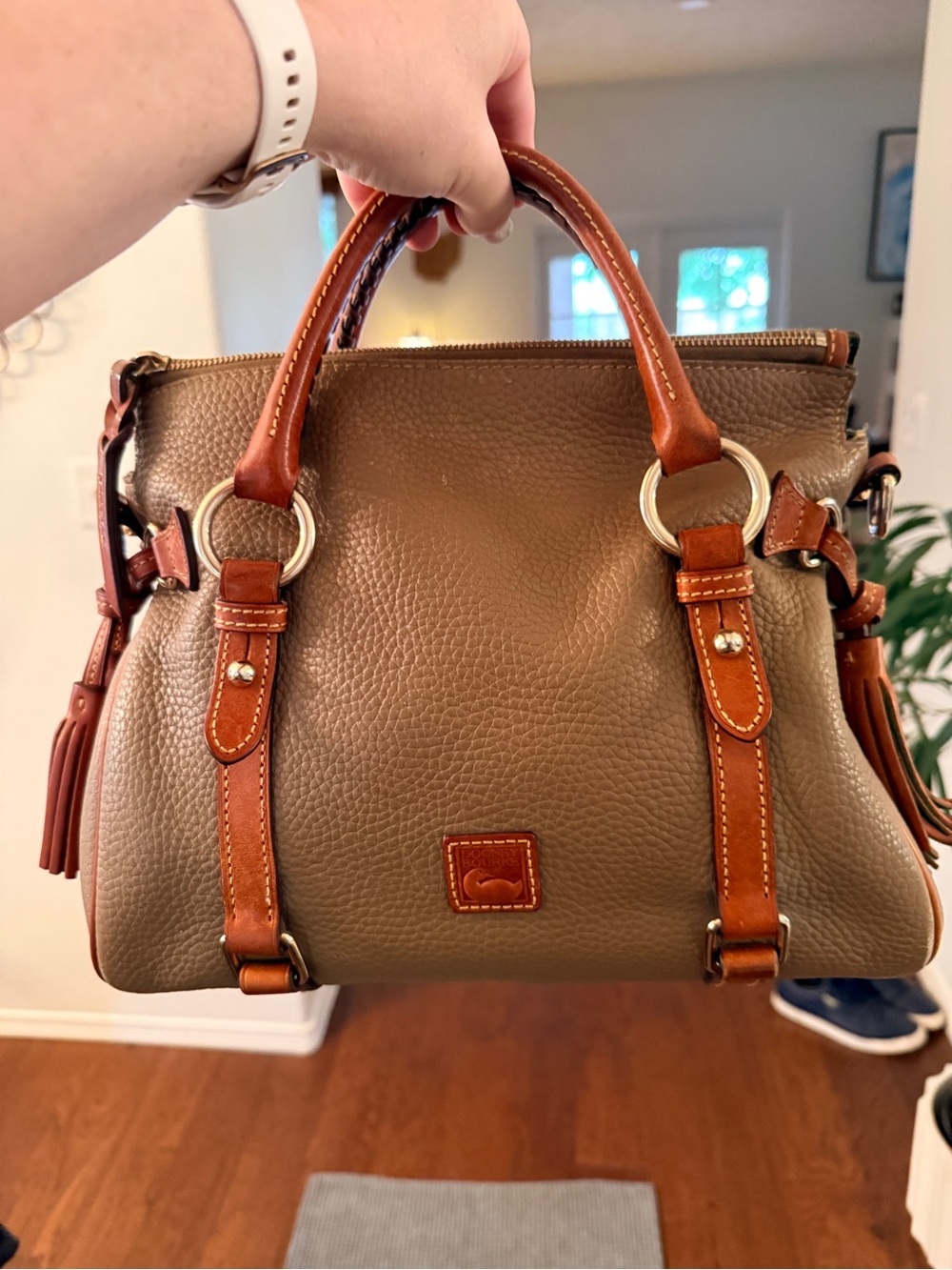 Dooney & Bourke Elephant Grey Pebble Leather Florentine Satchel w/ British Tan